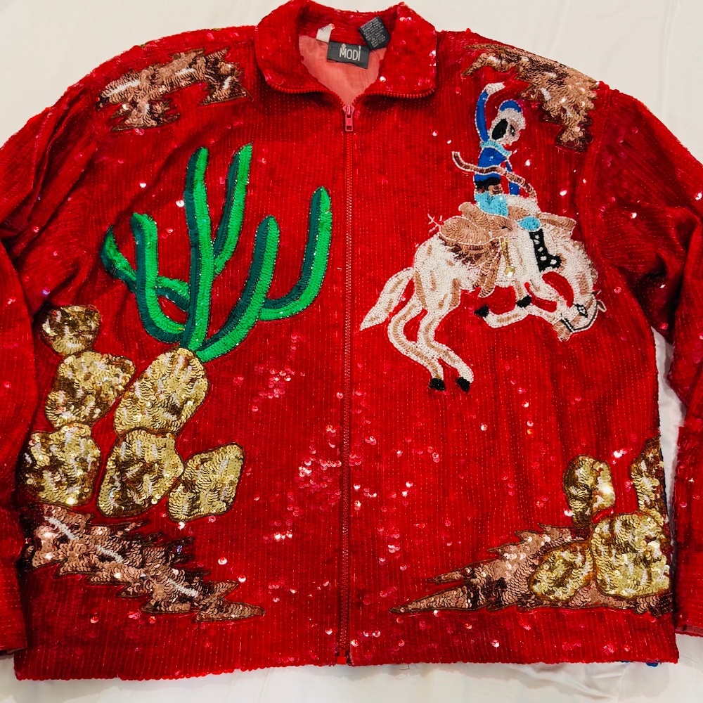 1980's Art Deco Red Sequin Longhorn Bomber Jacket with Coordinating Shorts